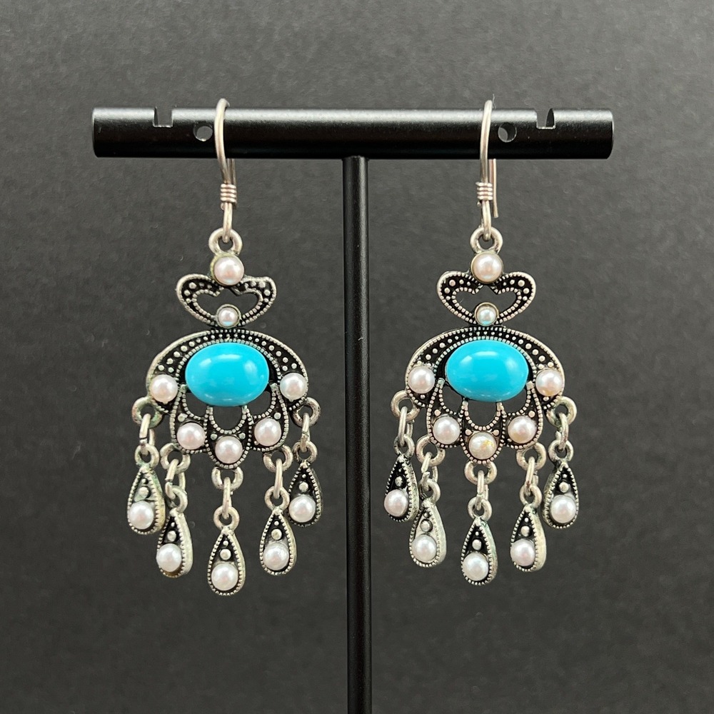 Chicos‎ Earrings Faux Pearl Blue Silver Tone Chandelier Boho Southwestern 2.25"